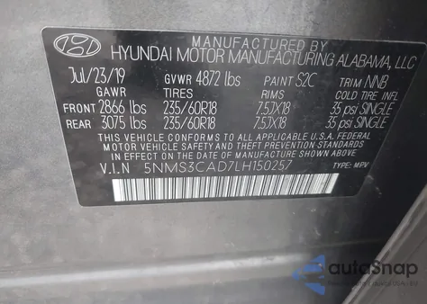 2020 Hyundai Santa Fe Sel z USA, uszkodzony, nr VIN 5NMS3CAD7LH150257